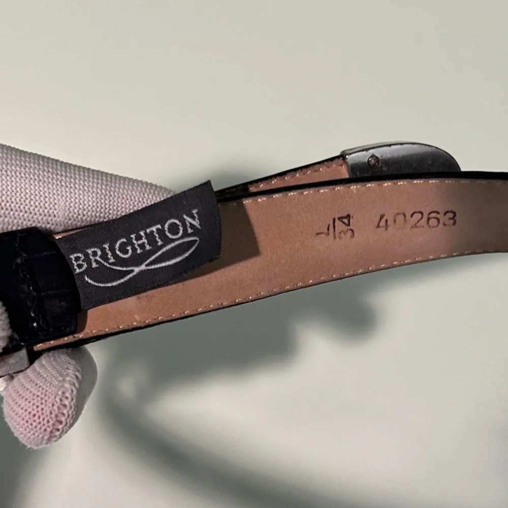 Brighton Black Leather Croc-Embossed Belt with Silver Horse Head Buckle. Vintage